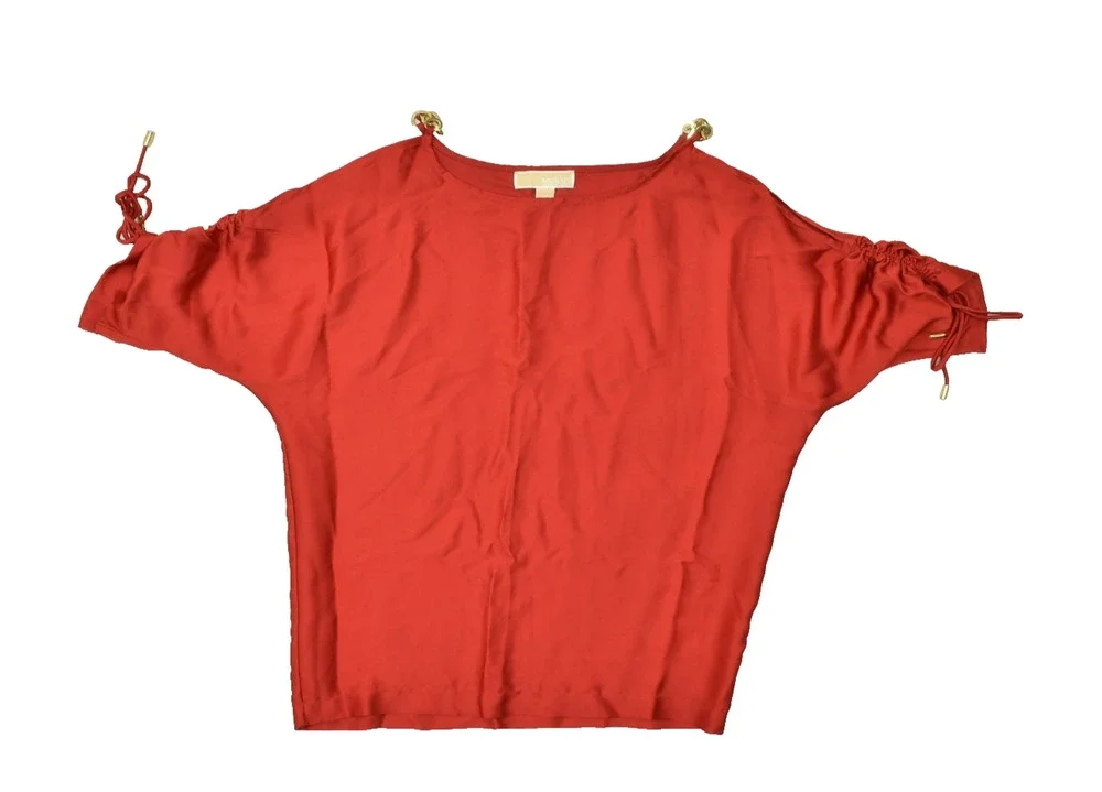 Michael Kors Women's Size XS Red Cold Shoulder Blouse Gold Chain Hardware Batwin